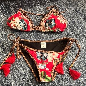 VENUS NWOT Red Floral Bikini with Leopard Trim